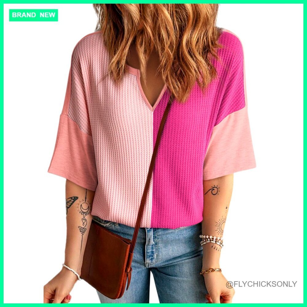 Waffle Knit V-Neck Patchwork Blouse Half Sleeve Loose Fit T-Shirt